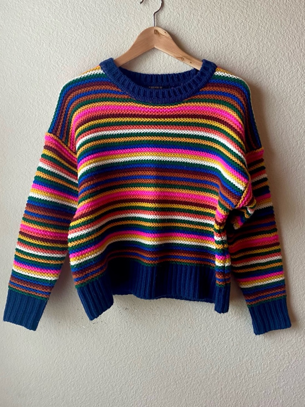 Forever 21 Women's Sweater XS Multi Color Stripe Boxy Fit Chunky Knit Blue Pink